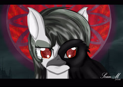 Size: 3600x2550 | Tagged: safe, artist:avchonline, oc, oc only, species:bird, species:pony, species:raven, blood moon, bust, moon, portrait, red eyes, solo