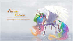 Size: 1920x1080 | Tagged: safe, artist:begasus, character:princess celestia, species:alicorn, species:classical unicorn, species:pony, big wings, bracelet, cloven hooves, crown, curved horn, eyeshadow, female, glowing horn, hoof shoes, horn, jewelry, leonine tail, levitation, looking at you, magic, makeup, mare, necklace, rain, raised hoof, raised leg, regalia, ripple, ripples, smiling, solo, spread wings, tail jewelry, tail ring, telekinesis, text, unshorn fetlocks, water, wing jewelry, wings