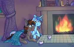 Size: 1920x1213 | Tagged: safe, artist:laydeekaze, oc, oc only, oc:bluebird solstice, oc:stardust wayfinder, species:bat pony, species:pony, species:unicorn, blanket, book, chocolate, coffee, couple, facial hair, fire, fireplace, food, gay, goatee, holding hooves, hot chocolate, looking at each other, male, tea