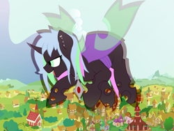 Size: 1600x1200 | Tagged: safe, artist:timidwithapen, oc, oc only, oc:countess rose, species:changeling, changeling oc, flying, insect, ponyville, purple changeling, solo