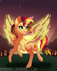 Size: 840x1050 | Tagged: safe, artist:hikariviny, character:sunset shimmer, species:pony, species:unicorn, episode:my past is not today, g4, my little pony: equestria girls, female, fiery shimmer, mare, outdoors, smiling, solo, sunset phoenix, tree, twilight (astronomy)