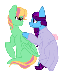 Size: 912x1088 | Tagged: safe, artist:midnightamber, oc, oc only, oc:diva nuit, oc:windflower, parent:coloratura, parent:sunflower, parent:zephyr breeze, parents:canon x oc, species:pony, clothing, couple, dress, female, husband and wife, male, multiple pregnancy, oc x oc, offspring, offspring shipping, parents:zephyrflower, pregnant, shipping, simple background, straight, white background, worried