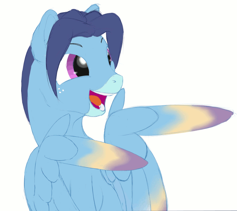 Size: 760x675 | Tagged: safe, artist:stillwaterspony, oc, oc only, oc:still waters, species:pegasus, species:pony, animated, dyed feathers, eyebrow wiggle, feather guns, finger gun, finger guns, gif, grin, male, smiling, wing hands, wings