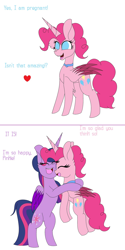 Size: 1280x2564 | Tagged: safe, artist:tomboygirl45, character:pinkie pie, character:twilight sparkle, character:twilight sparkle (alicorn), species:alicorn, species:pony, ship:twinkie, alicornified, ask, colored wings, female, hug, lesbian, multicolored wings, pinkiecorn, preggy pie, pregnant, princessponk, race swap, shipping, tumblr, xk-class end-of-the-world scenario