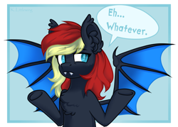 Size: 1400x1002 | Tagged: safe, artist:trickate, oc, oc only, species:bat pony, species:pony, bat pony oc, chest fluff, colored pupils, dialogue, ear fluff, looking sideways, male, shrug, shrugpony, simple background, solo, spread wings, stallion, wings