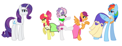 Size: 2956x1112 | Tagged: safe, artist:midnightamber, character:apple bloom, character:rainbow dash, character:rarity, character:scootaloo, character:sweetie belle, species:earth pony, species:pegasus, species:pony, species:unicorn, alternate hairstyle, blushing, clothing, clown, cutie mark crusaders, dress, eyeshadow, female, filly, forced makeover, group, lipstick, makeover, makeup, mare, rainbow dash always dresses in style, simple background, white background