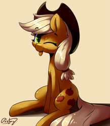Size: 3483x4007 | Tagged: safe, artist:bloodatius, character:applejack, species:earth pony, species:pony, absurd resolution, clothing, cowboy hat, cute, female, hat, jackabetes, looking at you, mare, one eye closed, sitting, solo, stetson, tongue out, wink