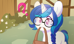 Size: 1084x648 | Tagged: safe, artist:lolopan, character:dj pon-3, character:vinyl scratch, species:pony, species:unicorn, adorkable, alternate hairstyle, bag, braid, colored pupils, confused, cute, dork, featured on derpibooru, female, filly, frown, glasses, mouth hold, nerd, question mark, solo, vinylbetes, younger