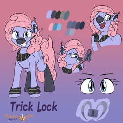 Size: 2000x2000 | Tagged: safe, artist:floofyfoxcomics, oc, oc only, oc:trick lock, species:earth pony, species:pony, female, high res, lockpicking, mare, mouth hold, padlock, reference sheet, solo