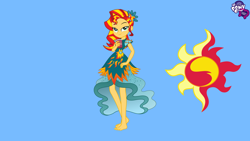 Size: 4888x2752 | Tagged: safe, artist:chainchomp2 edit, artist:myrami, artist:nintendorkly, artist:seahawk270, edit, character:sunset shimmer, equestria girls:legend of everfree, g4, my little pony: equestria girls, my little pony:equestria girls, alternate hairstyle, barefoot, blue background, clothing, cup, cutie mark, dress, equestria girls logo, feet, female, legend of everfeet, lidded eyes, looking at you, simple background, smiling, solo, sunfeet shimmer, vector, wallpaper, wallpaper edit