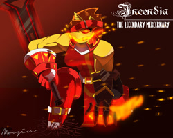 Size: 2500x2000 | Tagged: safe, artist:mopyr, oc, oc only, oc:incendia, species:anthro, badass, fire, gauntlet, muscles, solo, sword, weapon