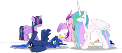 Size: 1320x571 | Tagged: safe, artist:byteslice, character:princess cadance, character:princess celestia, character:princess luna, character:twilight sparkle, character:twilight sparkle (alicorn), species:alicorn, species:pony, .svg available, bangs, hair over eyes, hilarious in hindsight, lol, simple background, svg, transparent background, vector, wet, wet mane