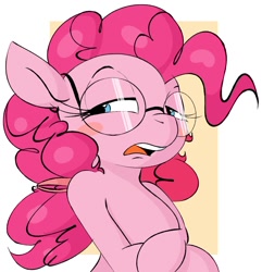 Size: 1000x1039 | Tagged: safe, artist:hattsy, artist:tre, character:pinkie pie, species:earth pony, species:pony, blush sticker, blushing, female, glasses, human shoulders, lidded eyes, mare, open mouth, pinkie specks, ponytail, semi-anthro, solo