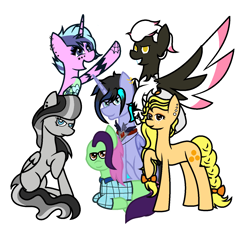 Size: 1412x1324 | Tagged: safe, artist:midnightamber, oc, oc only, oc:drizzle cloud, oc:flora boldbash, oc:maggie pie, oc:moonshine twinkle, oc:orangejack, oc:tammy spears, species:alicorn, species:earth pony, species:pegasus, species:pony, species:unicorn, alicorn amulet, alicorn oc, clothing, ear piercing, earring, eyeshadow, female, glasses, hat, jewelry, makeup, mane six opening poses, mare, open mouth, piercing, plaid shirt, sidecut, simple background, smiling, tattoo, undercut, white background