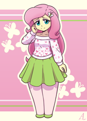 Size: 1000x1400 | Tagged: safe, artist:acesrockz, character:fluttershy, my little pony:equestria girls, clothing, cute, female, looking at you, shyabetes, skirt, smiling, solo, sweater, sweatershy