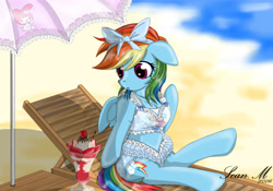 Size: 5000x3500 | Tagged: safe, artist:avchonline, character:rainbow dash, species:anthro, species:pegasus, species:pony, species:unguligrade anthro, arm hooves, attached skirt, beach, breasts, cleavage, clothing, female, food, frilled swimsuit, frozen (movie), ice cream, mare, my melody, rainbow dash always dresses in style, sanrio, solo, sunbathing, sundae, swimsuit