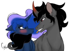 Size: 1024x693 | Tagged: safe, artist:colourstrike, character:king sombra, character:princess luna, species:pony, ship:lumbra, blushing, male, shipping, straight, tail wrap, tongue out, tsundere, tsunderuna