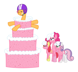 Size: 1880x1736 | Tagged: safe, artist:midnightamber, character:apple bloom, character:pinkie pie, character:scootaloo, character:sweetie belle, species:earth pony, species:pegasus, species:pony, species:unicorn, cake, covered in cake, covered in food, cutie mark crusaders, eyes closed, female, filly, food, frosting, helmet, mare, messy, pony cannonball, requested art