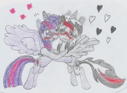Size: 1324x970 | Tagged: safe, artist:nephilim rider, character:twilight sparkle, character:twilight sparkle (alicorn), oc, oc:heaven lost, species:alicorn, species:pony, alicorn oc, blushing, cuddling, simple background, spread wings, traditional art, white background, wings