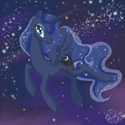 Size: 1000x1000 | Tagged: safe, artist:candasaurus, character:princess luna, species:alicorn, species:pony, female, flying, mare, night, solo, stars