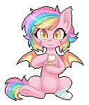 Size: 127x150 | Tagged: safe, artist:doekitty, oc, oc only, oc:paper stars, species:bat pony, species:pony, amputee, animated, bat pony oc, cup, drinking, fangs, female, gif, mare, multicolored hair, pixel art, simple background, smiling, solo, teacup, transparent background, underhoof
