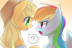 Size: 800x533 | Tagged: source needed, safe, artist:hashioaryut, character:applejack, character:rainbow dash, species:earth pony, species:pegasus, species:pony, blushing, female, implied appledash, implied lesbian, implied shipping, mare, simple background