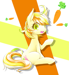 Size: 923x1000 | Tagged: source needed, safe, artist:hashioaryut, oc, oc only, species:earth pony, species:pony, carrot, food, looking at you, raised hoof, sitting, solo