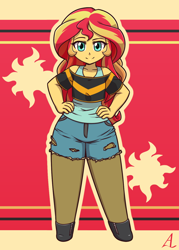 Size: 1000x1400 | Tagged: safe, artist:acesrockz, character:sunset shimmer, my little pony:equestria girls, clothing, female, hand on hip, looking at you, rad, smiling, solo, torn clothes