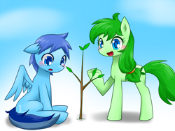 Size: 1000x750 | Tagged: source needed, safe, artist:hashioaryut, oc, oc only, species:earth pony, species:pegasus, species:pony, blushing, plant, raised hoof, simple background
