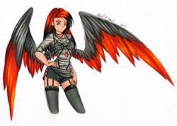 Size: 1024x729 | Tagged: safe, artist:divinekitten, oc, oc only, oc:amy amulet, species:human, clothing, female, garter belt, humanized, looking at you, red eyes, shirt, simple background, solo, winged humanization, wings