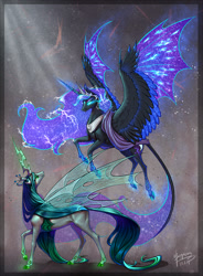 Size: 1239x1683 | Tagged: safe, artist:begasus, character:nightmare moon, character:princess luna, character:queen chrysalis, species:alicorn, species:changeling, species:pony, ship:chrysmoon, bat wings, changeling queen, cloven hooves, ethereal mane, female, flying, galaxy mane, glowing eyes, glowing hooves, glowing horn, hybrid wings, leonine tail, lesbian, long tail, looking up, mare, realistic horse legs, shipping, smiling, spread wings, starry wings, swirly markings, wing claws, wings