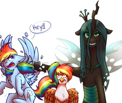 Size: 1280x1084 | Tagged: safe, artist:suenden-hund, character:queen chrysalis, character:rainbow dash, oc, oc:rainbow feather, parent:gilda, parent:rainbow dash, parents:gildash, species:changeling, species:griffon, species:hippogriff, species:pegasus, species:pony, dialogue, grin, humor, interspecies offspring, magical lesbian spawn, offspring, pushing, rainbow hair, shoving, simple background, smiling, speech bubble, transparent background, uncertain parentage