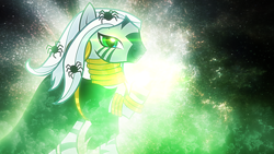 Size: 1024x576 | Tagged: safe, artist:tzolkine, character:zecora, species:zebra, clothing, dress, glow, long hair, nightmare night, robe, wallpaper