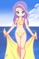 Size: 1280x1920 | Tagged: safe, artist:drantyno, character:diamond tiara, species:human, belly button, bikini, clothing, cloud, colored pupils, cute, diamondbetes, female, humanized, looking at you, ocean, smiling, solo, swimsuit, thigh gap, towel, water, yellow swimsuit