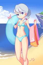 Size: 1280x1920 | Tagged: safe, artist:drantyno, character:silver spoon, species:human, beach, belly button, bikini, blue swimsuit, clothing, female, humanized, inflatable, looking at you, older, smiling, solo, string bikini, swimsuit, towel, water