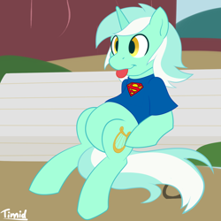 Size: 1024x1024 | Tagged: safe, artist:timidwithapen, character:lyra heartstrings, species:pony, bench, clothing, female, shirt, sitting, solo, superman, tongue out