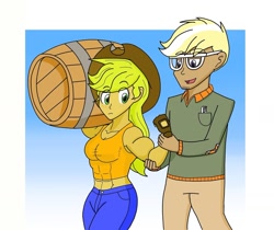 Size: 1280x1073 | Tagged: safe, artist:matchstickman, character:applejack, character:trenderhoof, species:human, abs, applejacked, barrel, female, flexing, glasses, humanized, male, muscles
