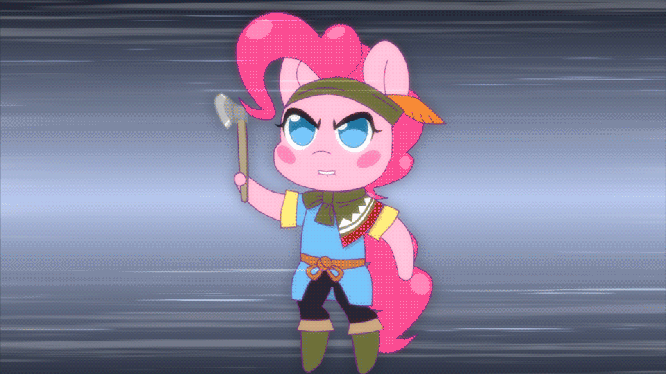 Size: 960x540 | Tagged: safe, artist:omegaozone, character:pinkie pie, species:pony, animated, axe, blush sticker, blushing, clothing, ear fluff, female, frame by frame, gif, madame leflour, roleponies, sack, solo, throwing, weapon