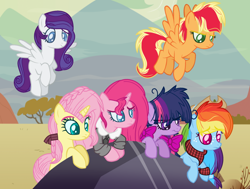Size: 1024x775 | Tagged: safe, artist:bezziie, base used, character:applejack, character:fluttershy, character:pinkie pie, character:rainbow dash, character:rarity, character:twilight sparkle, species:pegasus, species:pony, alternate universe, bow, clothing, flapplejack, hair bow, mane six, race swap, rock