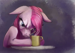 Size: 563x395 | Tagged: safe, artist:hattonslayden, character:pinkamena diane pie, character:pinkie pie, species:earth pony, species:pony, abstract background, coffee, female, floppy ears, grumpy, mare, morning ponies, mug, solo