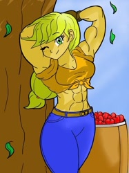 Size: 452x603 | Tagged: safe, artist:matchstickman, character:applejack, species:human, abs, apple, applejacked, belly button, breasts, cleavage, food, front knot midriff, humanized, midriff, muscles, one eye closed, tree