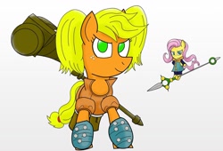 Size: 1280x871 | Tagged: safe, artist:matchstickman, character:applejack, character:fluttershy, species:pony, ship:appleshy, crossover, diane the serpert sin of envy, female, giant pony, giantess, hammer, king the grizzly sin of sloth, lesbian, macro, seven deadly sins, shipping, spear, the seven deadly sins, war hammer, weapon