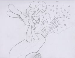 Size: 2155x1688 | Tagged: safe, artist:scribblepwn3, character:pinkie pie, species:earth pony, species:pony, confetti, female, monochrome, one eye closed, party cannon, pencil drawing, solo, traditional art, wink