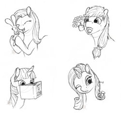 Size: 1539x1486 | Tagged: safe, artist:parallel black, character:applejack, character:fluttershy, character:rarity, character:twilight sparkle, species:pony, species:rabbit, apple, book, bust, food, monochrome, pen drawing, portrait, reading, sketch, traditional art