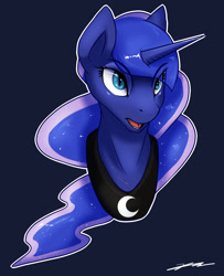Size: 1300x1600 | Tagged: safe, artist:gasmaskfox, character:princess luna, species:alicorn, species:pony, bust, female, mare, missing accessory, open mouth, portrait, simple background, slit eyes, solo