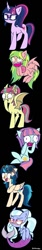 Size: 249x1468 | Tagged: safe, artist:psychodiamondstar, character:indigo zap, character:lemon zest, character:sour sweet, character:sugarcoat, character:sunny flare, character:twilight sparkle, character:twilight sparkle (scitwi), species:bat pony, species:earth pony, species:pegasus, species:pony, species:sea pony, species:unicorn, bat ponified, black background, crystal prep shadowbolts, equestria girls ponified, freaking out, glasses, merpony, ponified, race swap, seaponified, shadow five, shadowbolts, simple background, smiling, species swap