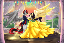 Size: 5500x3700 | Tagged: safe, artist:bunnywhiskerz, oc, oc only, species:anthro, absurd resolution, anthro oc, big wings, broken glass, clothing, commission, crossover, dancing, disney, dress, looking at each other, oc x oc, pants, shipping, smiling, suit, wings