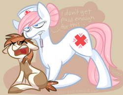 Size: 800x622 | Tagged: safe, artist:steeve, character:nurse redheart, character:pipsqueak, species:earth pony, species:pony, colt, female, male, mare, mouth hold, needle, syringe, trypanophobia