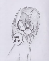 Size: 1672x2075 | Tagged: safe, artist:scribblepwn3, character:dj pon-3, character:vinyl scratch, species:pony, species:unicorn, chest fluff, female, goggles, headphones, mare, monochrome, pencil drawing, solo, traditional art
