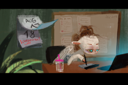 Size: 1024x686 | Tagged: safe, artist:wolfiedrawie, oc, oc only, oc:drew, species:pegasus, species:pony, newbie artist training grounds, calendar, computer, cup, czequestria, drawing, drawing tablet, drink, female, laptop computer, lidded eyes, mare, messy mane, night, plant, sleepy, solo, water